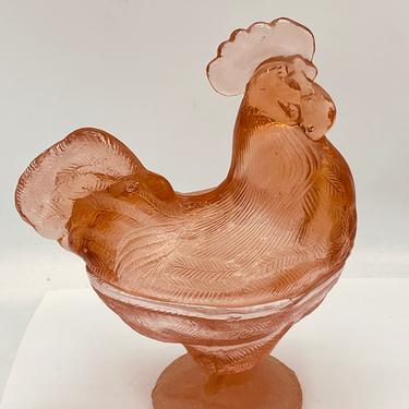 Vintage Pink  Glass Rooster  Chicken  with removable lid- Candy or serving dish 