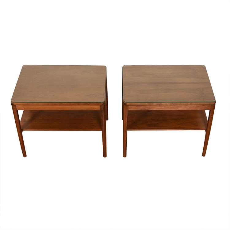 Pair of Mid Century Walnut End \/ Accent Tables w\/ Glass Tops
