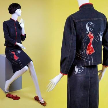 90's skirt jacket suit set. Vintage pop art. Black & red. Chinese brocade. (Size S) 