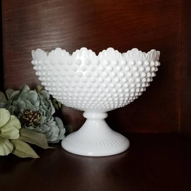 Vintage Milk Glass Bowl / Milkglass Hobnail Pedestal Fruit Bowl / Large White Table Centerpiece / Oval Scalloped Edge Glass Console Bowl 