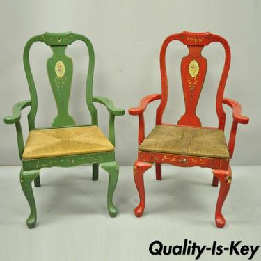 Pair of Vintage Queen Anne Style Green and Red Rush Seat Arm Chairs