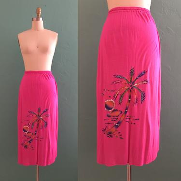 vintage 80's fuchsia palm tree sequin skirt // pink fitted beaded skirt 