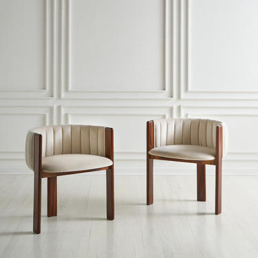 Pair of Channeled Mid Century Rosewood Chairs in Ivory Silk Velvet