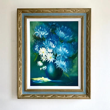 Framed Floral Oil Painting - Bouquet of Flowers in Vase Original Oil Painting - Blue + White Flowers in Blue Vase on Green Blue Background 