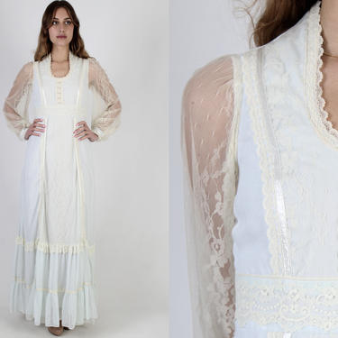 Pale Blue Gunne Sax Dress / Vintage 70s Jessica MClintock Dress / Tiered Ivory Floral Lace Dress / Womens Embroidered Sheer Poet Sleeves 