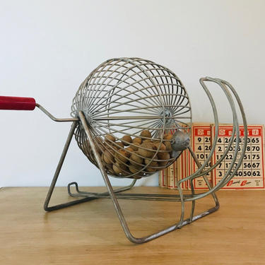 Vintage Bingo Cage with Bakelite Handle, Wooden Balls, Bingo Cards and Bingo Chips 