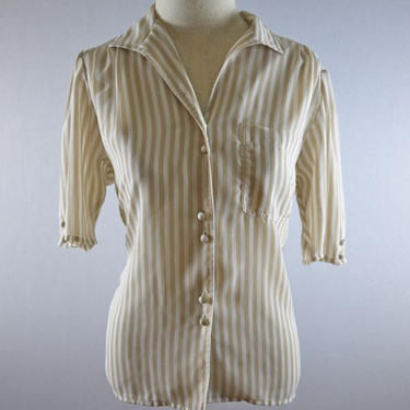 Boxy Tan and White Striped Short Sleeve Pocketed Blouse 