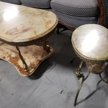 Antique 2pc Italian Victorian Set a 2 Tier Onyx Ornate and Figural Dolphin Sculpted Brass Framed Coffee Table and Figural Devils Head Brass Framed Onyx Side-Table - Pair 