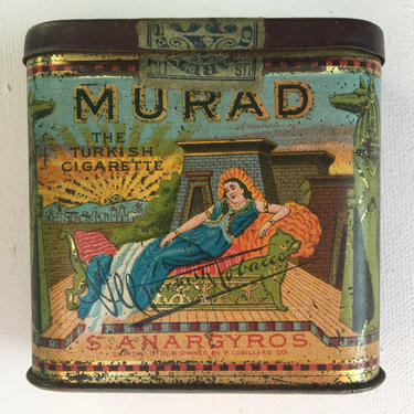 Antique Murad Cigarette Case Tin, Tobacciana, Murad Turkish Cigarette Tin, Woman Reclined On Chaise Lounge, Aqua Yellow Peach, Egyptian Look 