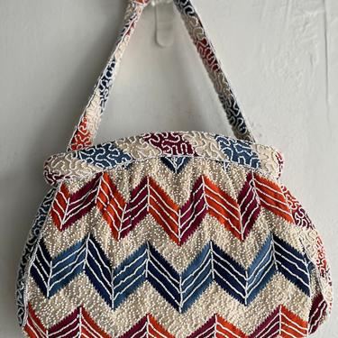 Colorful Beaded Chevron Pattern Purse Vintage 1940s Colorful and FAB 