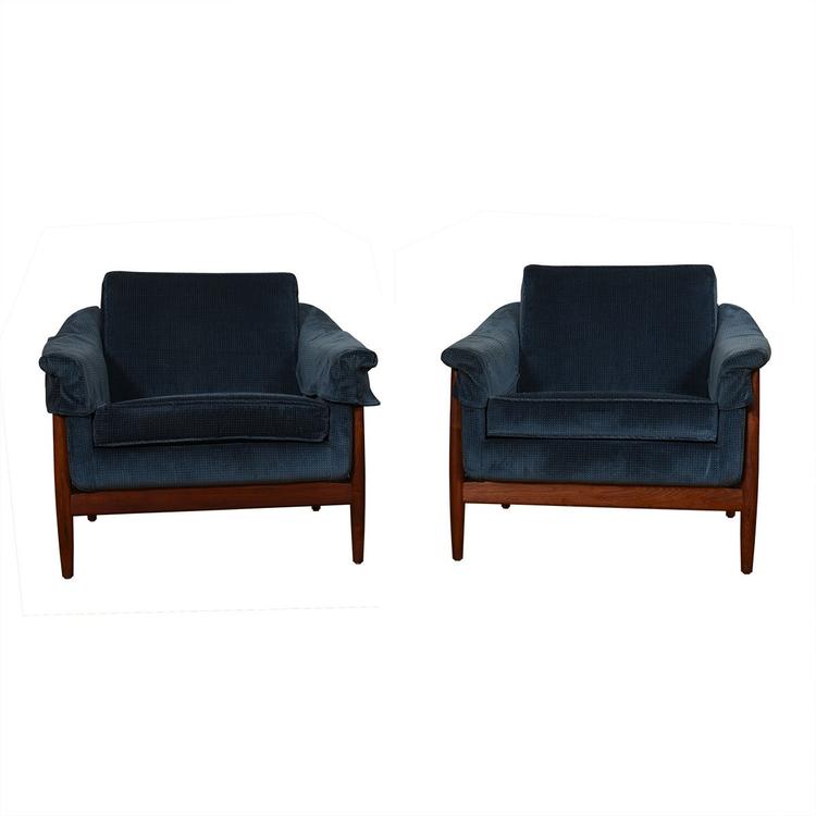 Pair of 1950s Swedish Teak Club Chairs by Dux w/ Blue Patterned Upholstery