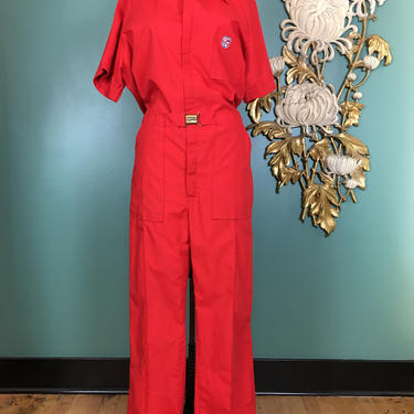 vintage jumpsuit, 1970s coveralls, red cotton blend, mens workwear, size large, Apollo jumpsuit, belted, permament press, mans jumpsuit, 40 
