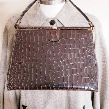 1940s Alligator Textured Brown Handbag Large Size / 40s Faux Crocodile Lizard Leather Purse Bag Made in Canada / Yvette 