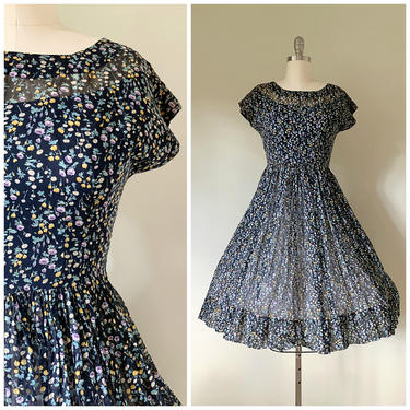Vintage 1950s Dress • Mitzi • Black Micro Floral Cotton Voile 50s Day Dress Full Skirt Size Medium 