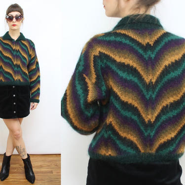 Vintage 80's 90's Fuzzy Green and Black Trippy Mohair Cropped Cardigan Sweater / 1990's Acid Trip Sweater / Women's Size Small - Medium by Ru