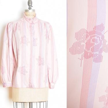 vintage 70s top pink floral print secretary blouse shirt button up striped L XL clothing 