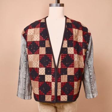 Red & Brown Handmade Quilt & Denim Jacket, XXL