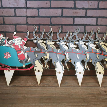 Vintage Plastic Santa and 8 Reindeer Lawn Decoration Yard Art 