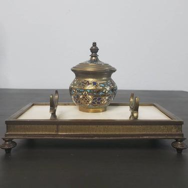 French Napoleon III Period Champleve Enameled Brass Marble Tray Single Inkwell Inkstand / Antique Desk Set, Mid-19th Century 
