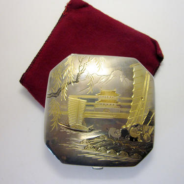 Vintage c. 1940s Sterling Silver and Gold Plated Japanese Etched Nautical Scene Fine Makeup Compact Mirror Vintage Cosmetic Collectible 