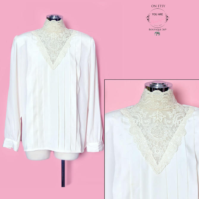 white shirt 80's high collar blouse vintage retro medium large