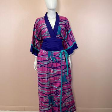 Vtg 1980s Jeanne Marc colorful koi print kimono robe 