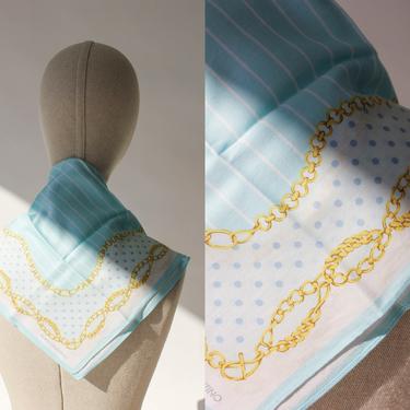 Vintage 80s Mario Valentino Baby Blue & Gold Chain Print Cotton Handkerchief | Bandana, Scarf, Face Mask | 1980s Italian Designer Bandana 