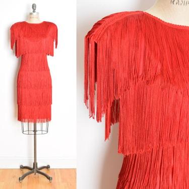 vintage 80s dress red tiered fringe flapper prom party cocktail dress S M gatsby clothing 