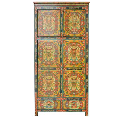 Chinese Tibetan Jewel Flower Graphic Tall Storage Cabinet cs4892S