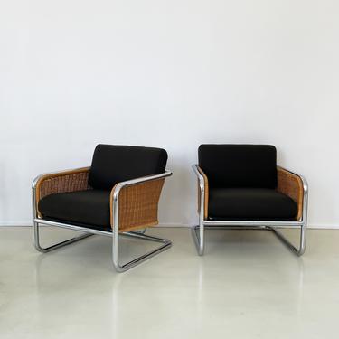 1970s Martin Visser Wicker and Chrome Cantilever Club Chair