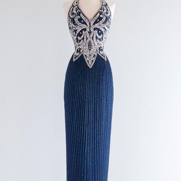 Vintage 1980's Sapphire Blue Beaded Bombshell Evening Gown NOS / Size Medium