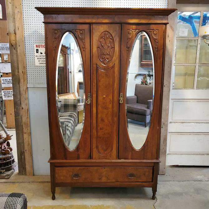 Antique Burled Wood Armoire with Oval Beveled Mirrors