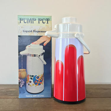 Vintage 1960s Pump Pot 1.9 L Swivel Beverage Dispenser Coffee Service, Retro Red Graphic Pattern, New In Box 