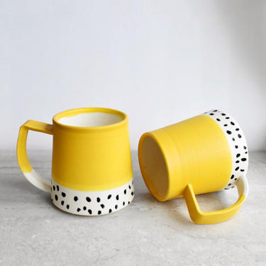 Whimsical Modern Mustard Yellow Ceramic Mug with Hand Painted Confetti Dots 