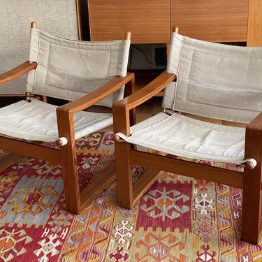 Pair Vintage Danish Teak Safari Lounge Chairs 