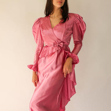 Vintage 70s Pink Satin Empire Peplum Waist Gown with Pleated Poof Sleeve Bolero Set | Bohemian | 1970s Prairie Style Dress 