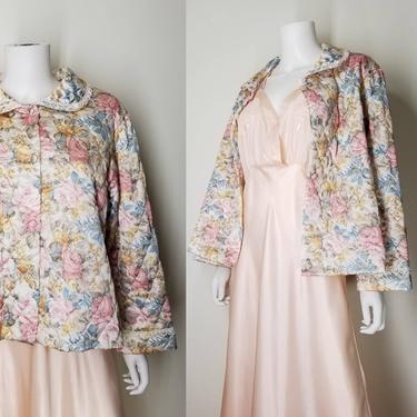 Vintage Floral Quilted Bed Jacket ~ Victorian Rose Print ~ Size Large ~ Miss Elaine Lingerie Cropped Jacket Top ~ Pastel Floral Pajama Top 