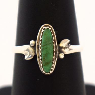 70's sterling green turquoise size 6.25 Sunbell ring, Southwestern 925 silver pointed oval stone Bell Trading Post solitaire 