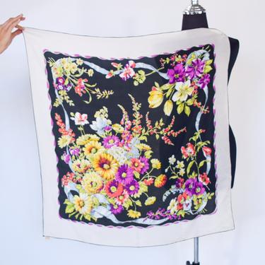 1950s Black Flower Bouquet Silk  Scarf | 50s Flower Bouquet Silk Scarf | A Top Hit Fashion 