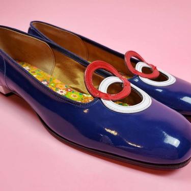Vintage 60s mod slip-on flats. Red, white, & blue patent leather. By Gems. (Size 7.5) 