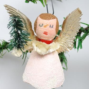 Vintage German Spun Cotton Angel Christmas Ornament, for Putz or Nativity, Antique Silver Dresden Paper Wings, Germany U S Zone 