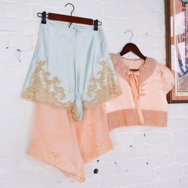 1930s Peach &amp; French Lace Silk Bed Jacket | 30s Blue Silk French Lace Satin Tap Pants | French Lace and Peach Tap Pants | X Small 