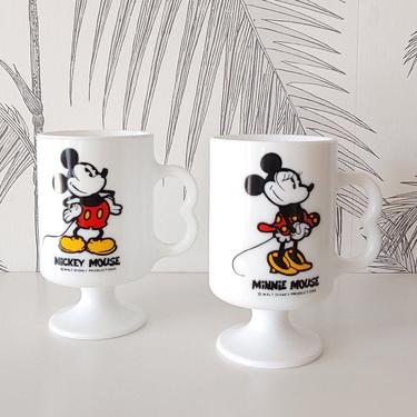 Vintage Mug, Glass, Mickey Mouse, Minnie Mouse, Walt Disney Prod., sold as a pair, circa 70's. 