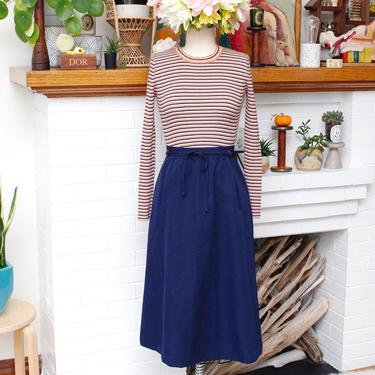 Vintage 1970s Navy Blue Skirt - A-Line High Waist Polyester Skirt with Pockets - S 
