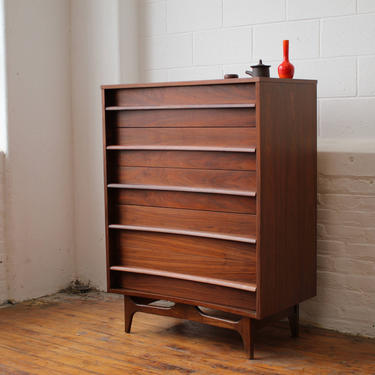 MCM Walnut Bow-Front Highboy Dresser by Young Mfg. Co. 