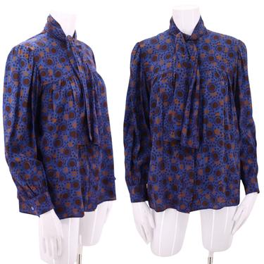 70s YSL silk print tie blouse 8 / vintage 1970s Yves Saint Laurent blue cosmic print classic bow top 38 