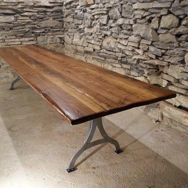 Viking Hall Conference Table from Reclaimed Heart Pine and Hand Forged Metal Base 