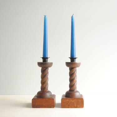 Vintage Dark Wood Candle Holders, Candlestick Pair, Swirled Wood Candle Holders 