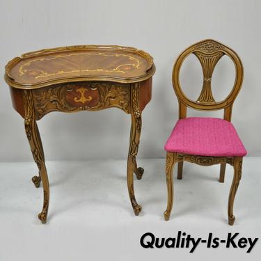 Small French Louis XV Inlaid Kidney Bean Petite Desk Vanity Gossip Table w Chair