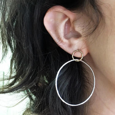 Big Little Two Toned Linked Hoops - 14k Goldfill and Sterling Silver Hammered Hoop Stud Dangles 
